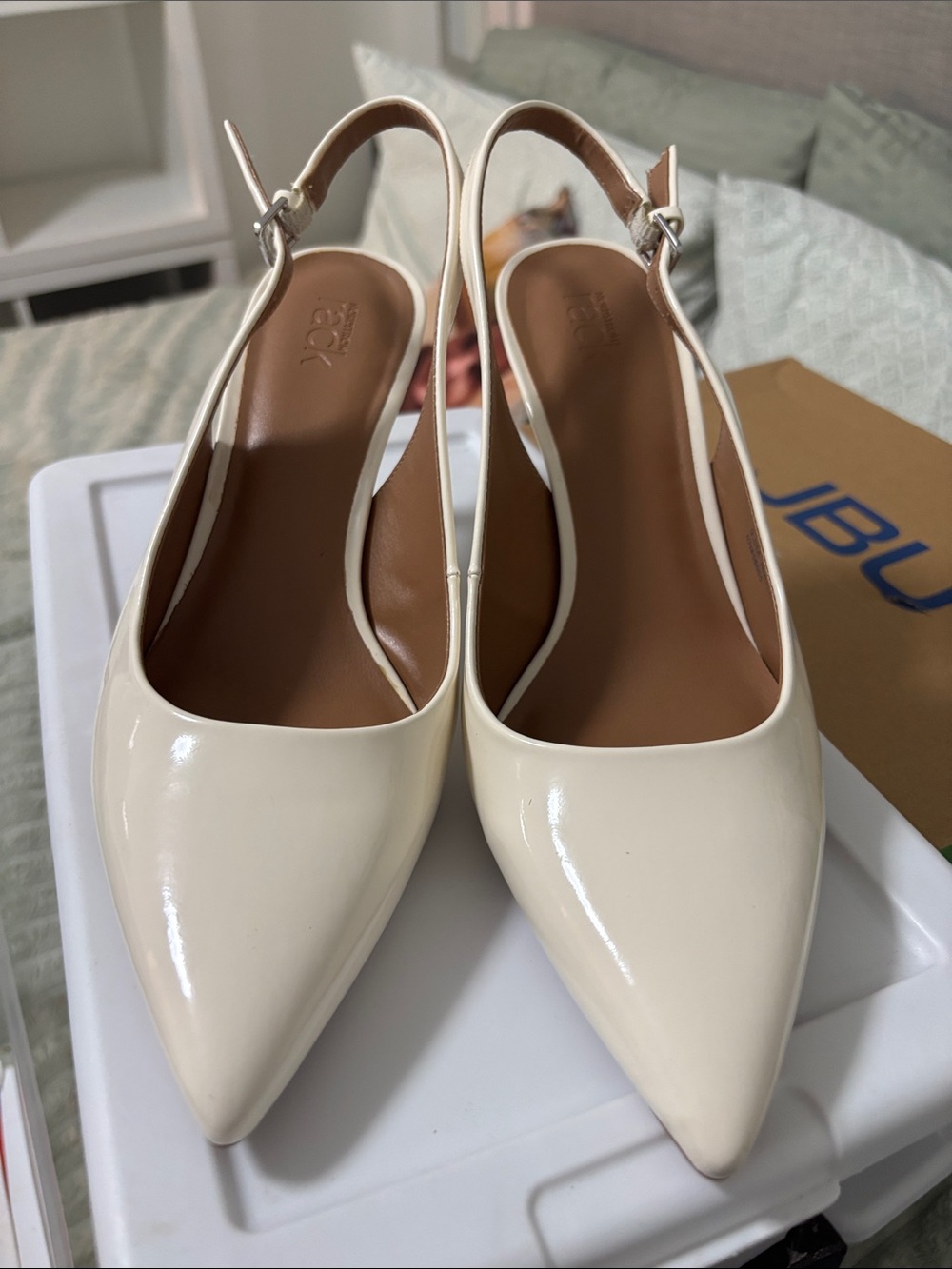 JBU Cream Patent Pointed-Toe Slingback Pumps